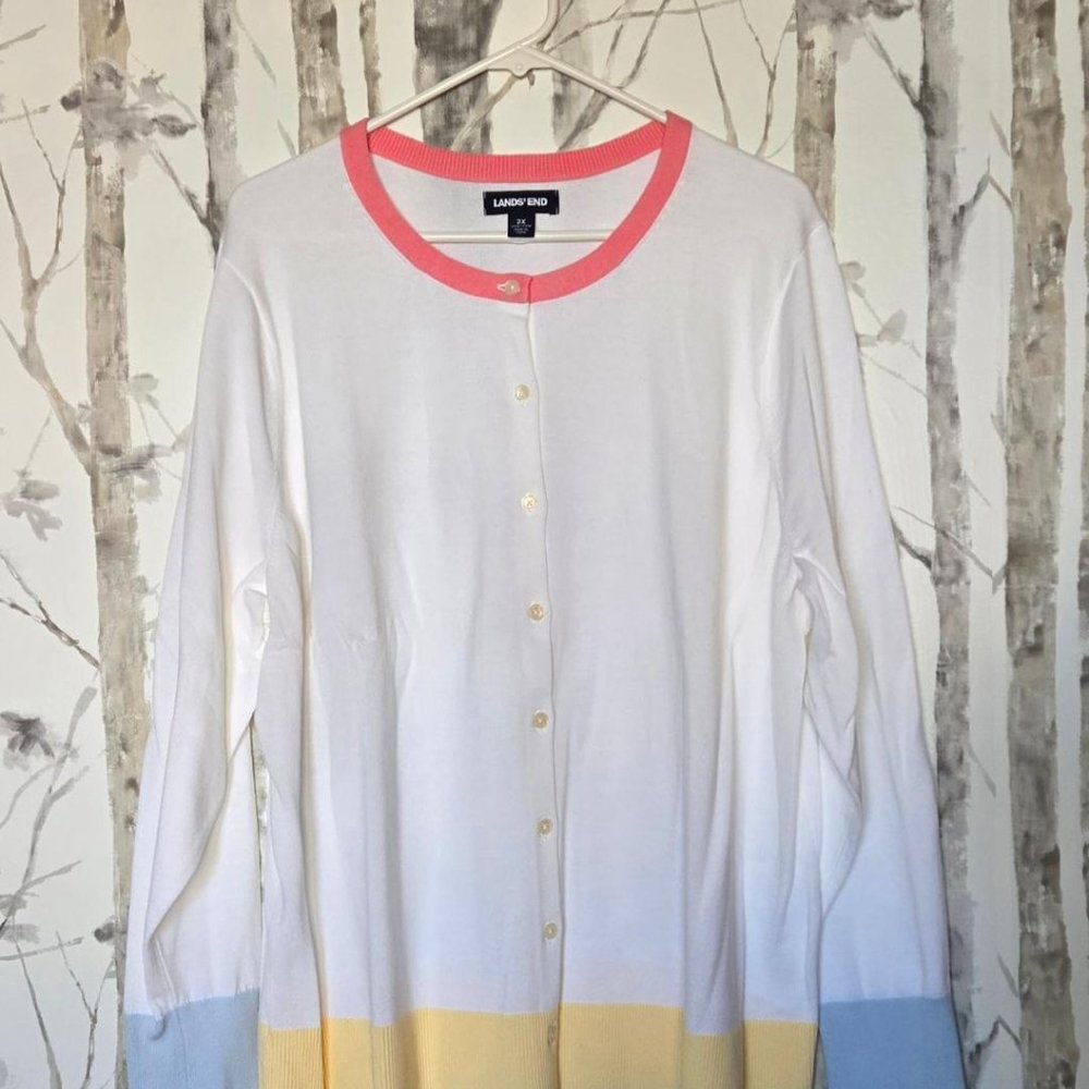 Land's End Fine Gauge Cotton Cardigan White W/Pink,Yellow,Blue Detail 2X